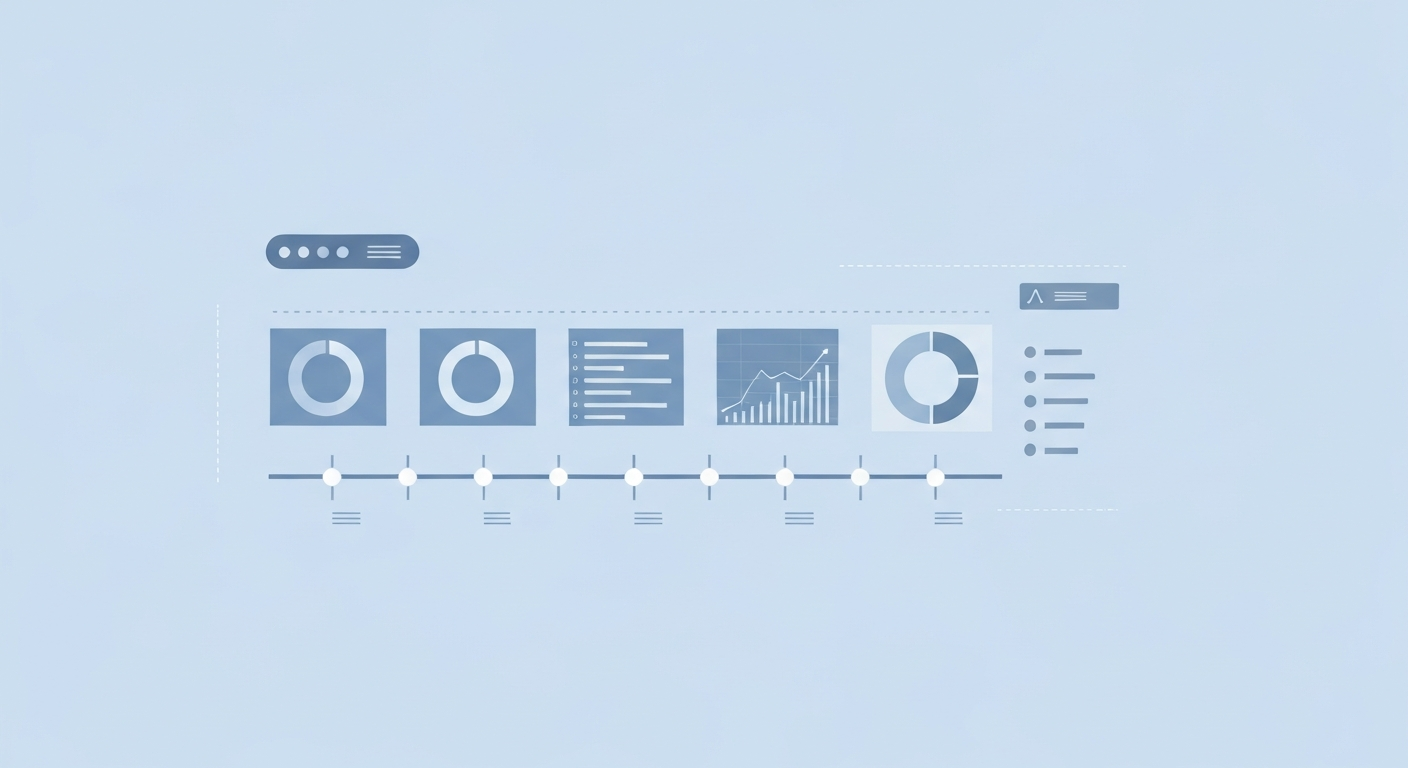 An illustration of a digital health timeline displaying various medical charts and graphs, representing the tracking of biomarker trends over time.