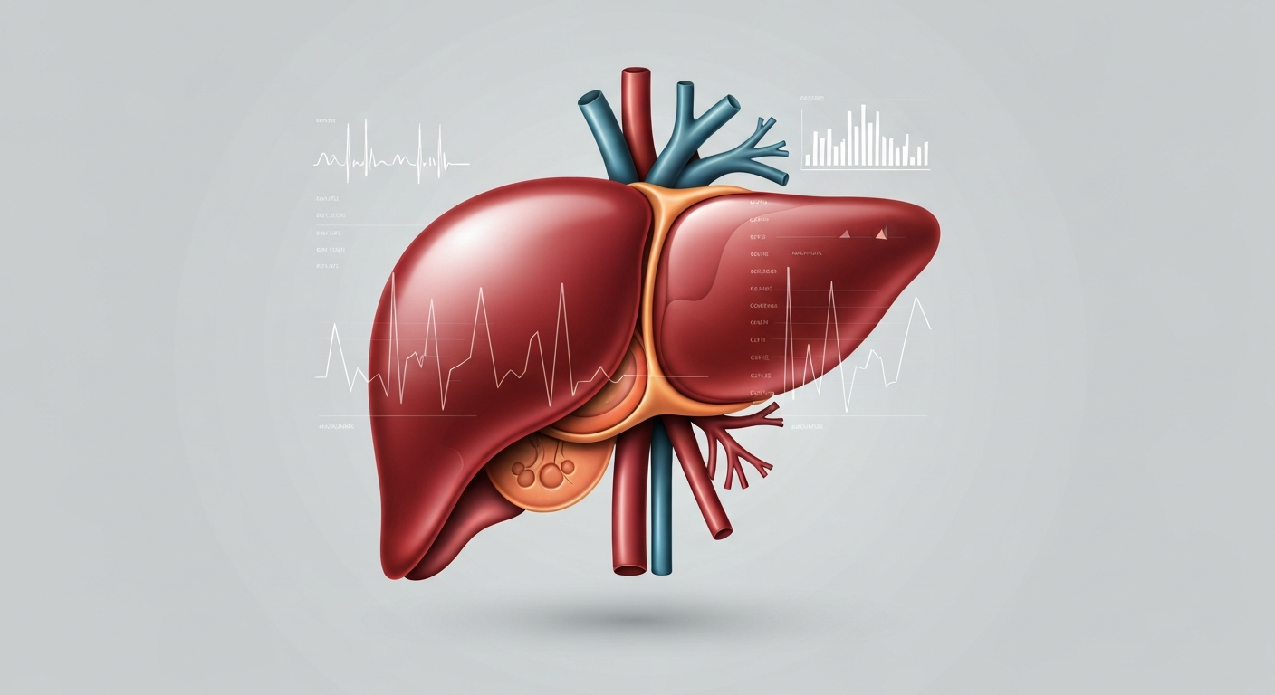Illustration of a human liver with data overlays, symbolizing health monitoring and the analysis of biomarker trends over time.