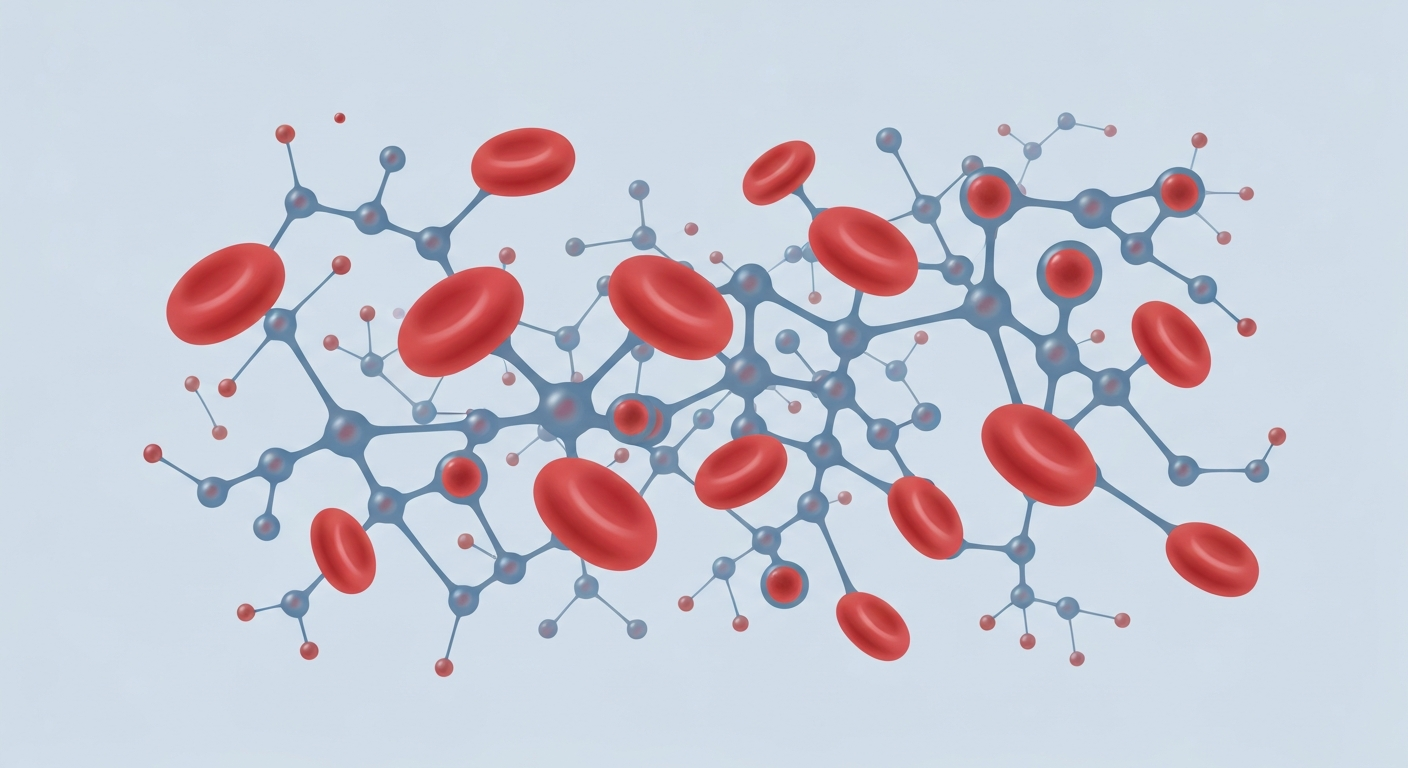Digital illustration showing a network of cells and molecules representing iron and ferritin storage and transport in the human body, in a calm, clinical style.