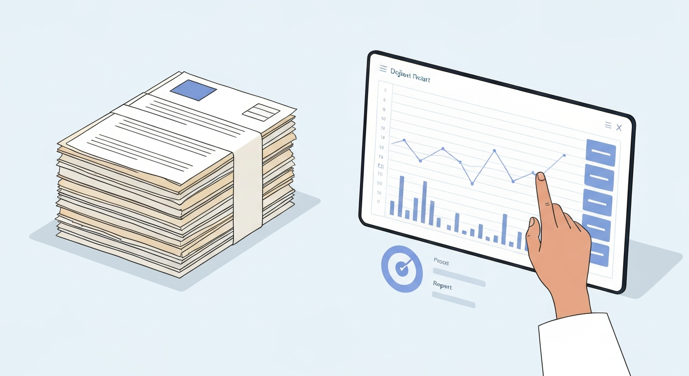 Illustration showing the contrast between a dynamic digital health dashboard with biomarker trends and static PDF documents, emphasizing modern data organization.
