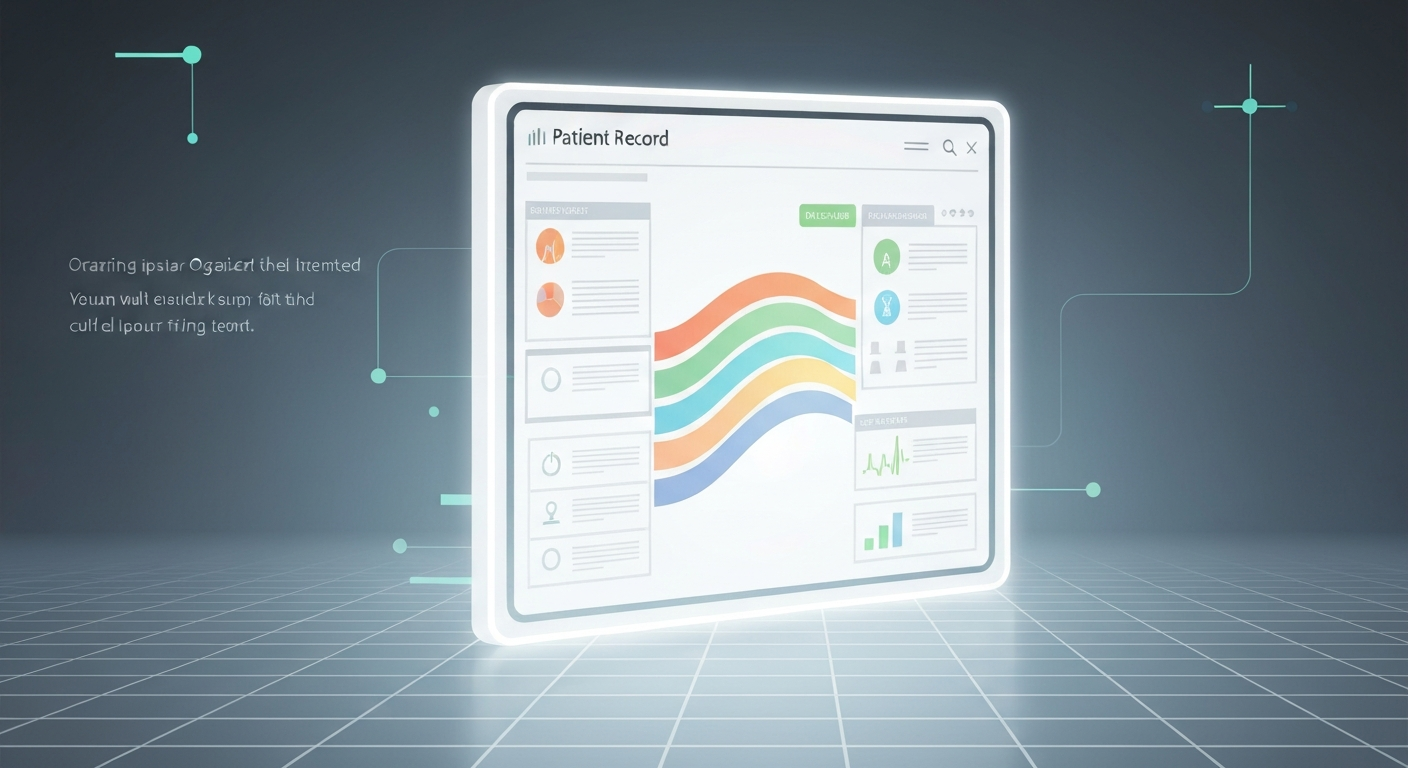 Illustration of a digital timeline organizing various medical reports and blood test results, showing trends and a clean user interface.