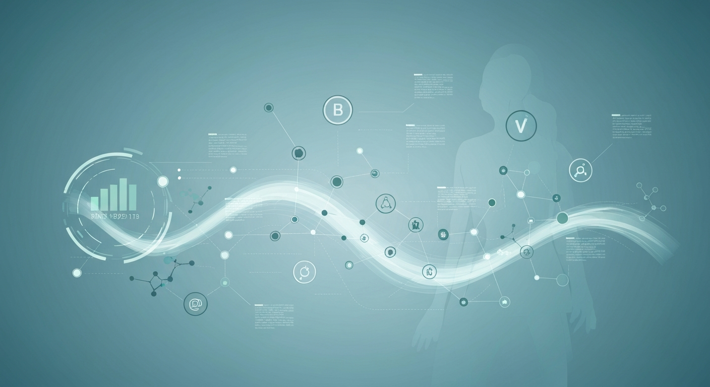 Digital visualization of health biomarkers being tracked on a timeline, connecting lab data from reports to long-term health trends.