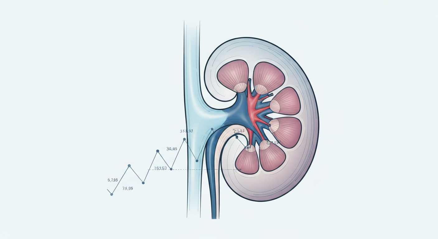 Abstract illustration of a kidney with subtle data trends, representing health data tracking and kidney function over time.