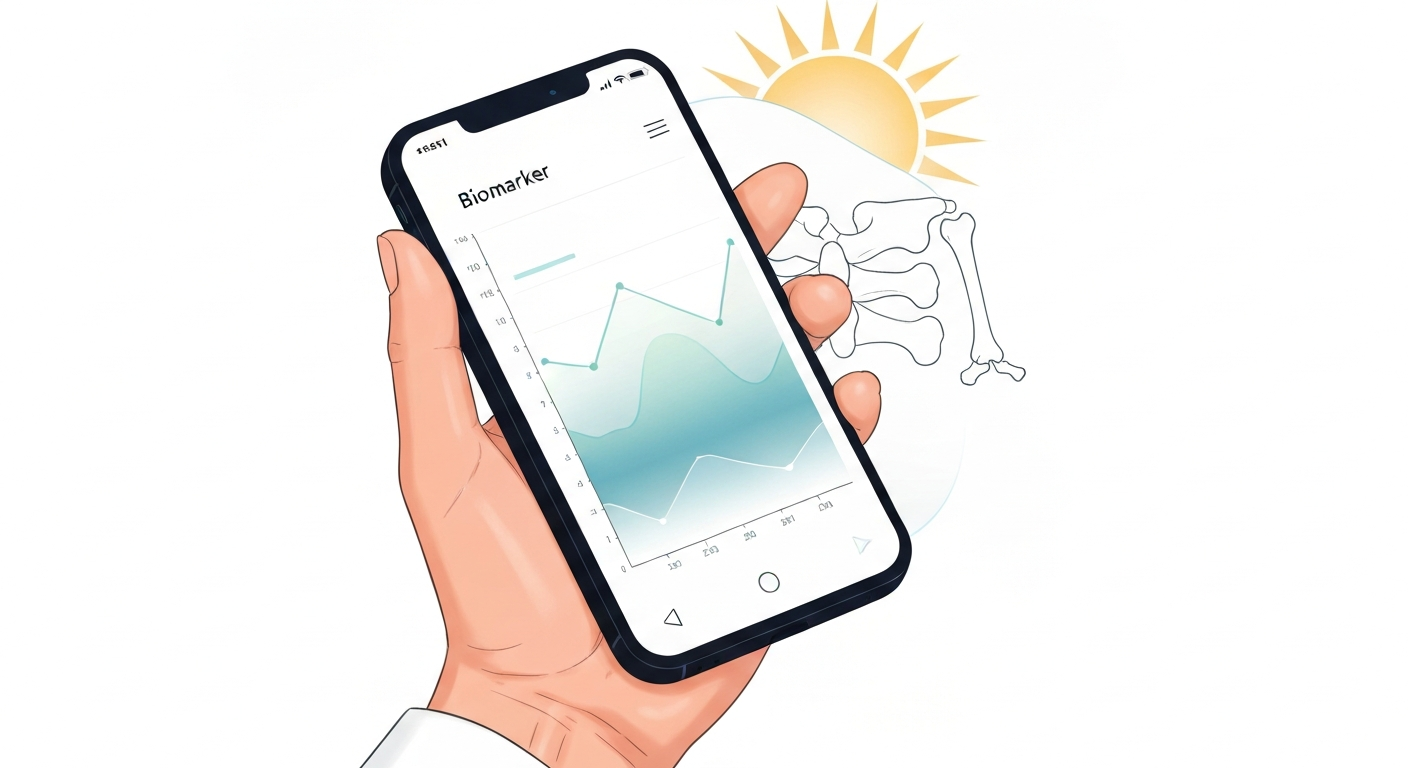 Illustration of a hand holding a smartphone showing a vitamin D trend graph, with subtle sun and bone imagery.